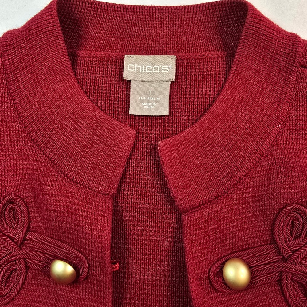 Chicos Red Knit Cardigan Jacket Gold Button‎ Embellished Sz 1 - Picture 6 of 16